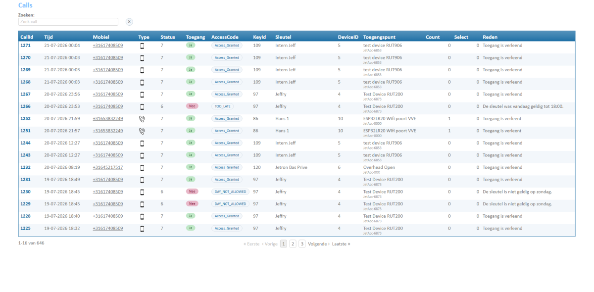 Calls in de JetAccess-portal