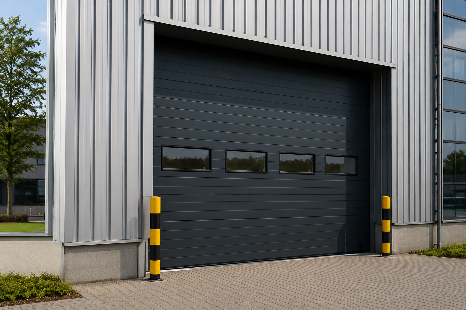 Donkere overheaddeur bij een modern bedrijfsgebouw